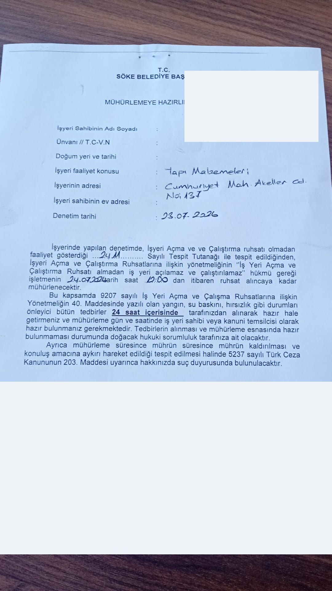 24 Temmuz saat 12.00 için kapatma bildiriminin kişisel verileri kapatılmış görünümü